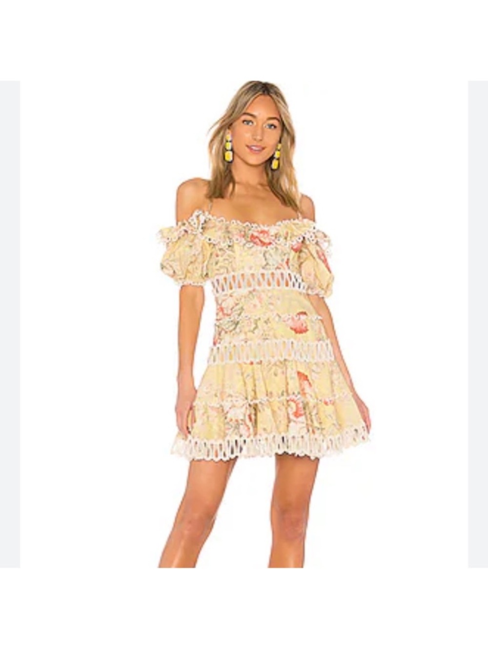 NWOT Zimmermann Yellow Floral Off-Shoulder Lace Mini Dress